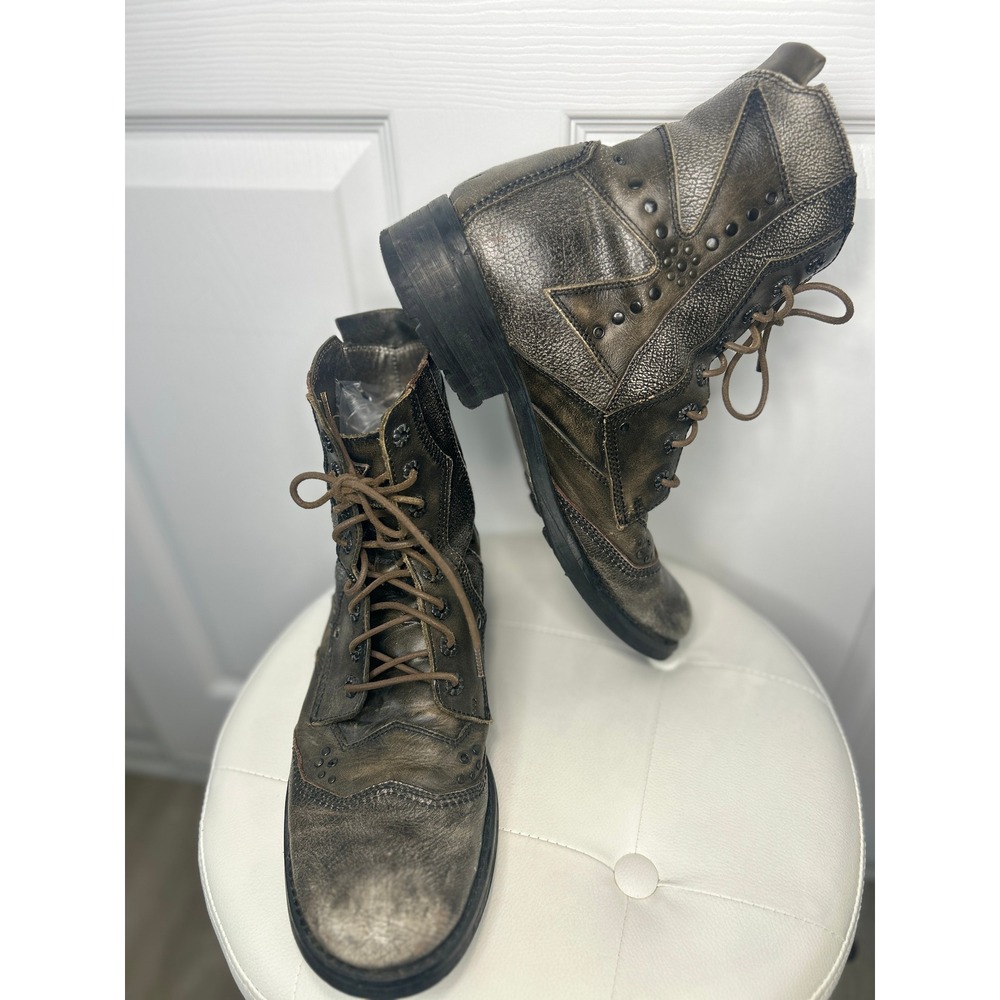 Mark Nason Distressed Studded Wingtip Combat Boots Grey Metallic Leather Size 10